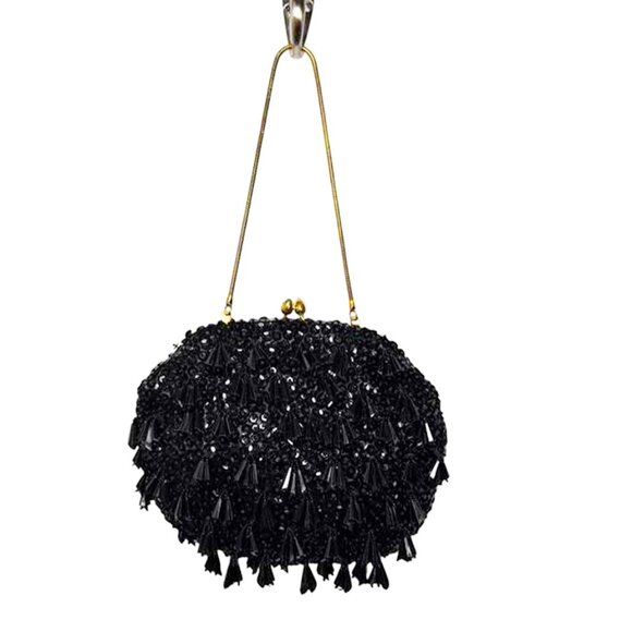 VINTAGE Black Shimmer Facetted Dangle Bead & Sequin 1920s Style Evening Bag - Picture 2 of 8